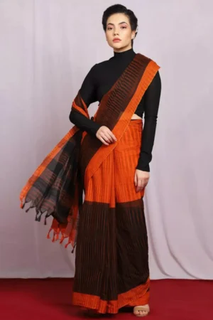 Black and Orange Cotton Saree