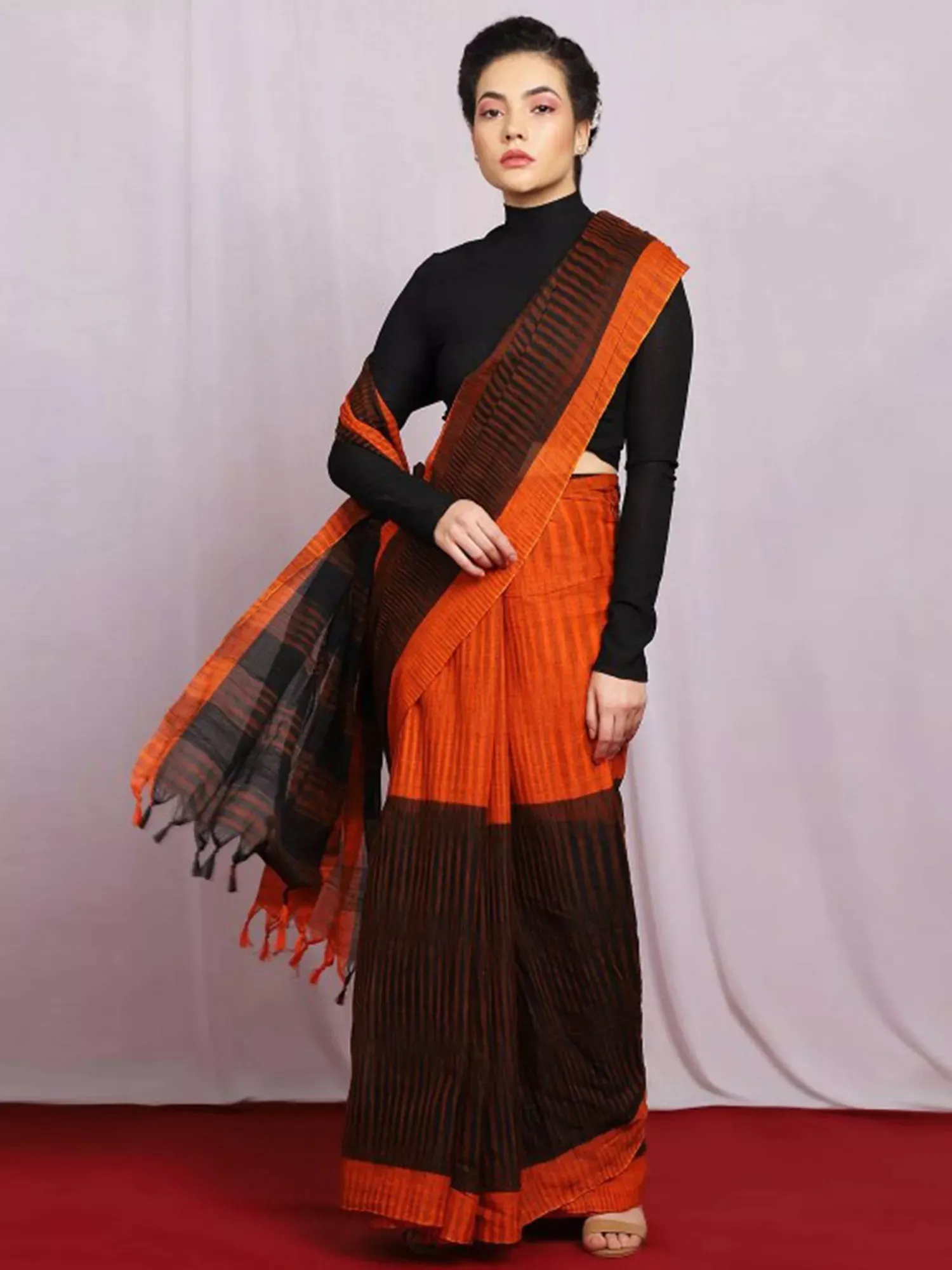 Black and Orange Cotton Saree