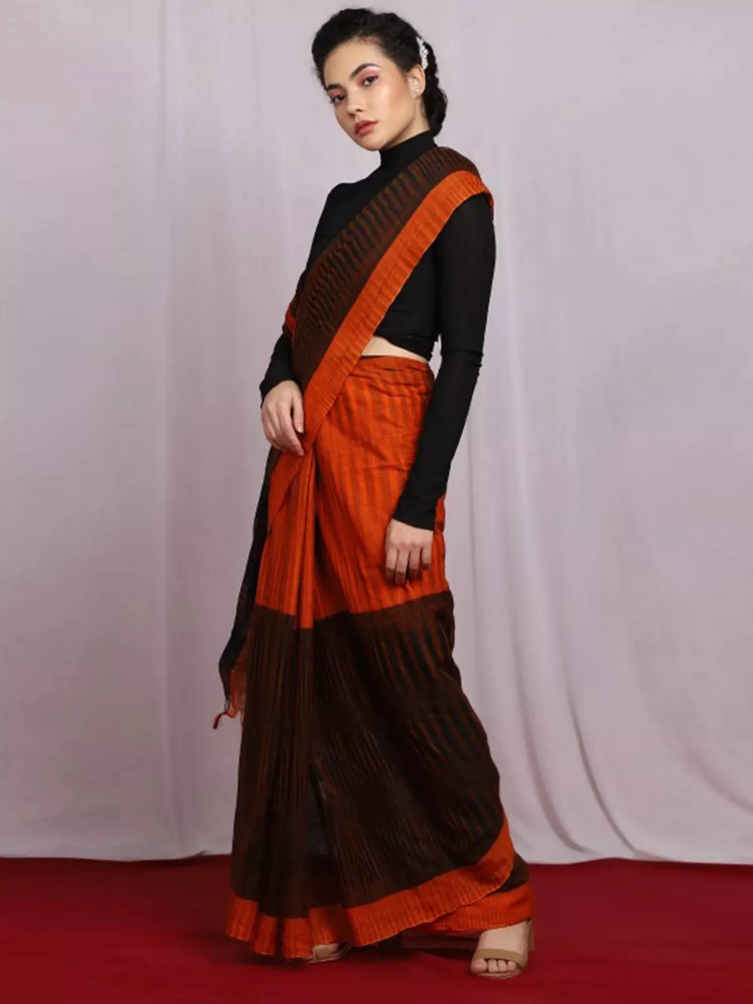 Black and Orange Cotton Saree