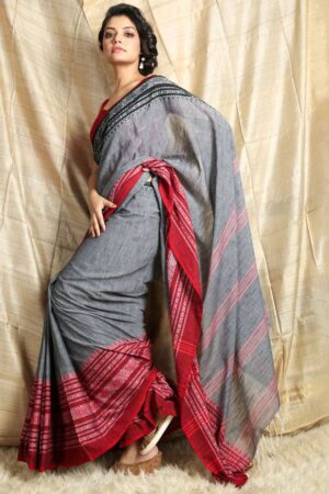 Unique Grey Colored Mango Border Kolkata khadi cotton Saree