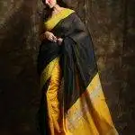 Traditional Yellow & Black Kusumdola Sarees With Blouse Piece
