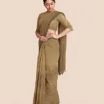 Mercerized Handloom Light Brown Cotton Silk Saree with Pompom and Blouse Piece