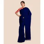Mercerized Handloom Turquoise Blue Cotton Silk Saree with Pompom and Blouse Piece