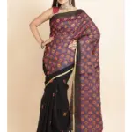 Embroidered Floral Design Black Orange Cotton Silk Saree with Blouse Piece