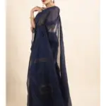 Navy Blue Sequin Box Cotton Silk Handloom Saree with Blouse piece