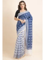 White Blue Swastik Printed Golden Border Saree