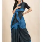 SutiSaree Pure Cotton Blue Black Pompom Jharna Saree