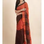 SutiSaree Pure Cotton Orange Black Pompom Jharna Saree