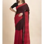 SutiSaree Pure Cotton Red Black Pompom Jharna Saree