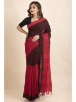 SutiSaree Pure Cotton Red Black Pompom Jharna Saree