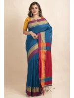 Turquoise Blue Cotton Handloom with Red Pallu Saree