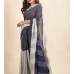 SutiSaree Pure Cotton Grey Blue Pompom Jharna Saree