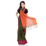 Women`s Traditional Bengali Begampuri Saree Pure Handloom Cotton Saree With Blouse Pesta Green Orange