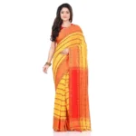 Women`s Traditional Bengali Begampuri Saree Pure Handloom Cotton Saree With Blouse Yellow Red