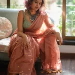 Orange Sequence Pure Mulmul Cotton 120 Count Saree With Running Blouse Piece