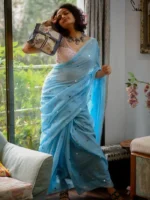 Sky Blue Sequence Cotton Silk Saree With Blouse Piece