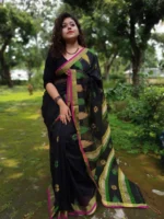 Cotton silk Reshom tempal par hand loum buti saree
