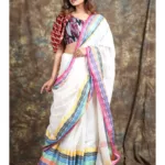 White Organic Cotton Saree With Fish Motif Weaving and Unstitched Blouse