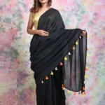 Black Cotton Silk Saree With Pom Pom