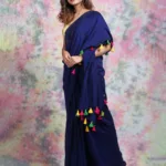 Dark Blue Cotton Saree With Pom Pom