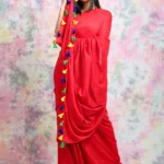 Blood Red Cotton Silk Saree With Pom Pom