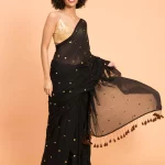 Black Embellished Sequins Pure Mulmul Cotton 120 Count Saree without Blouse