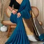 Plain Cotton silk Blue Zori Border Saree