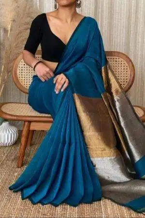 Plain Cotton silk Blue Zori Border Saree