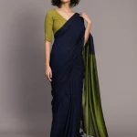 Blue & Green Cotton Colourblocked Saree without Blouse