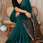 Plain Cotton silk Dark Teal Zori Border Saree