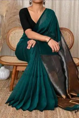 Plain Cotton silk Dark Teal Zori Border Saree