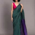 Dark Teal & Blue Colorblocked Cotton Acrylic Saree without Blouse