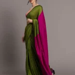 Green & Pink Colorblocked Cotton Acrylic Saree without Blouse