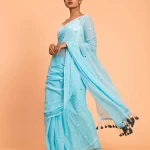 Light Blue Embellished Pure Mulmul Cotton 120 Count Saree without Blouse