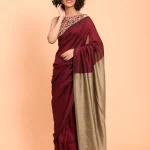 Maroon & Beige Cotton Acrylic Colourblocked Saree without Blouse