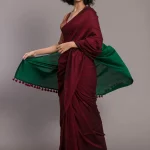 Maroon Green Cotton Acrylic Solid Saree without Blouse
