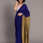 Navy Blue & Gold-Coloured Cotton Acrylic Solid Saree without Blouse