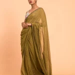 Olive Green Embellised Pure Mulmul Cotton 120 Count Saree without Blouse