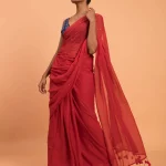 Red Embellished Pure Mulmul Cotton 120 Count Saree without Blouse