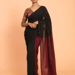 Red Wine & Black Colourblocked Cotton Acrylic Saree without Blouse