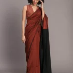 Rust & Black Cotton Mulcotton Saree without Blouse