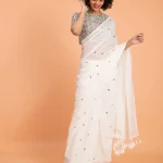 White Pure Mulmul Cotton 120 Count Embellished Saree without Blouse