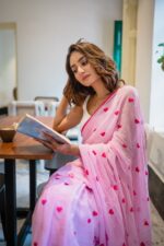 Exclusive Pink Soft Cotton Saree With Heart Woven Design ( Model Blouse Not Included )