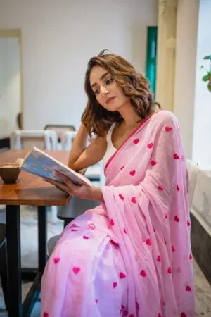 Exclusive Pink Soft Cotton Saree With Heart Woven Design ( Model Blouse Not Included )
