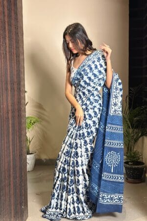 Traditional Pure Mulmul Cotton Block Printed Saree (Model Blouse Not Included)