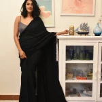Black Plain Pure Mulmul Cotton Saree ( Model Blouse Not Included )