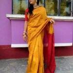 Embroidered Floral Design Yellow and Red Cotton Silk Saree with Blouse Piece