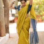 Yellow and Blue Plain Cotton Silk Saree (Model Blouse Not Included)