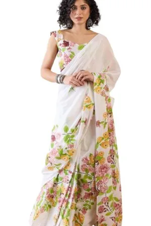 White Ready to Wear Mul Cotton Saree With Running Blouse Piece