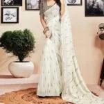 Ready to Wear White Ikkat One Minute Pleated Cotton Saree With Blouse Piece